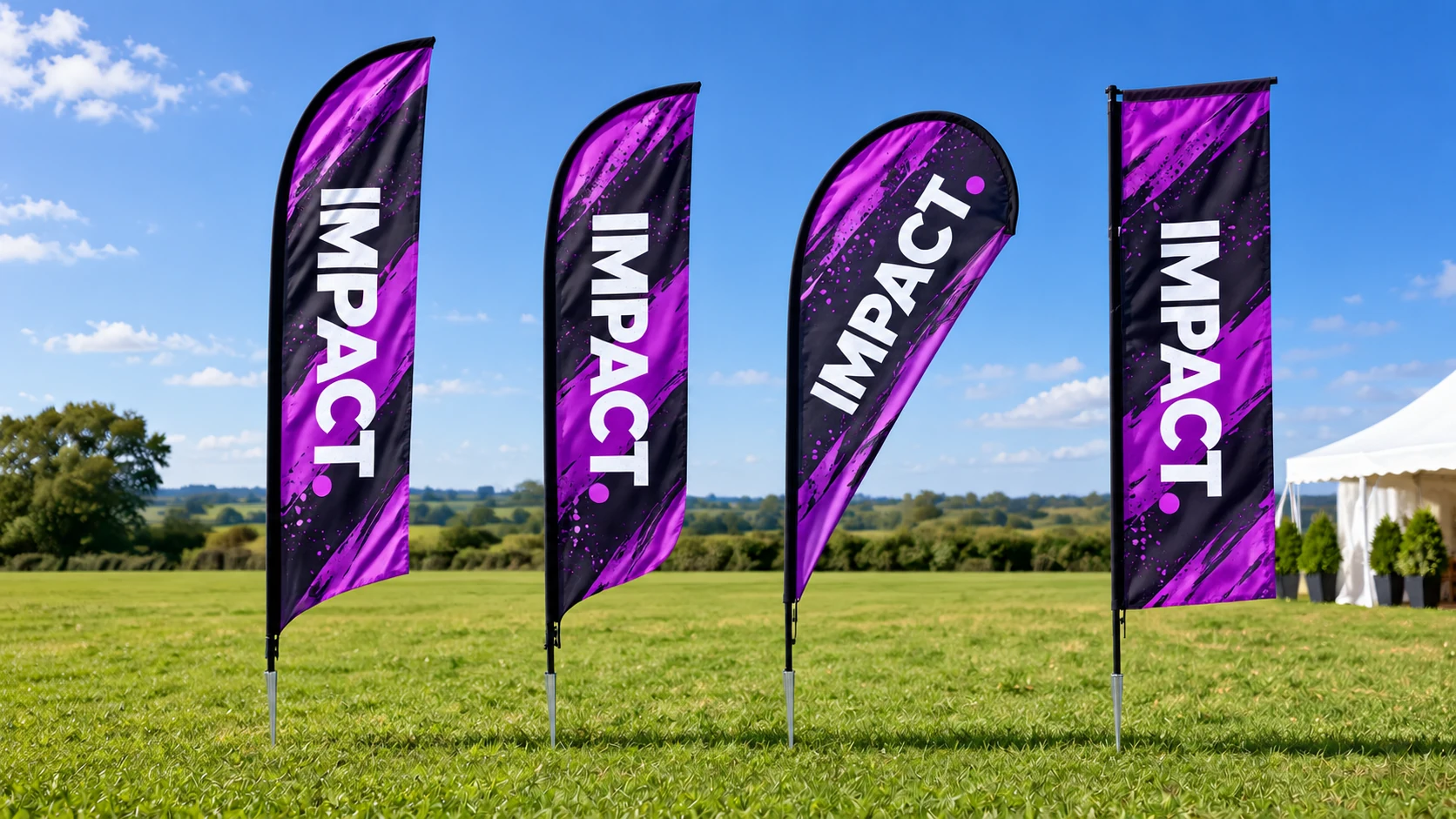 Illustrative IMPACT-branded feather, crest, teardrop and rectangular flags displayed outdoors with ground spikes