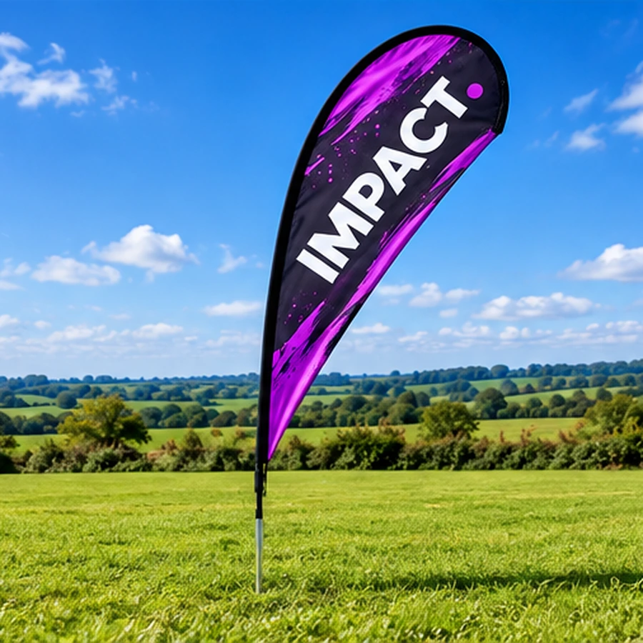 Teardrop flag example with IMPACT artwork and ground spike