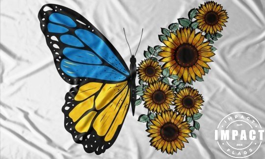 Butterfly in Ukraine Colors and Sunflowers Flag